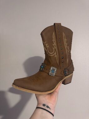 Brown Western Ankle Boot with Concho Strap